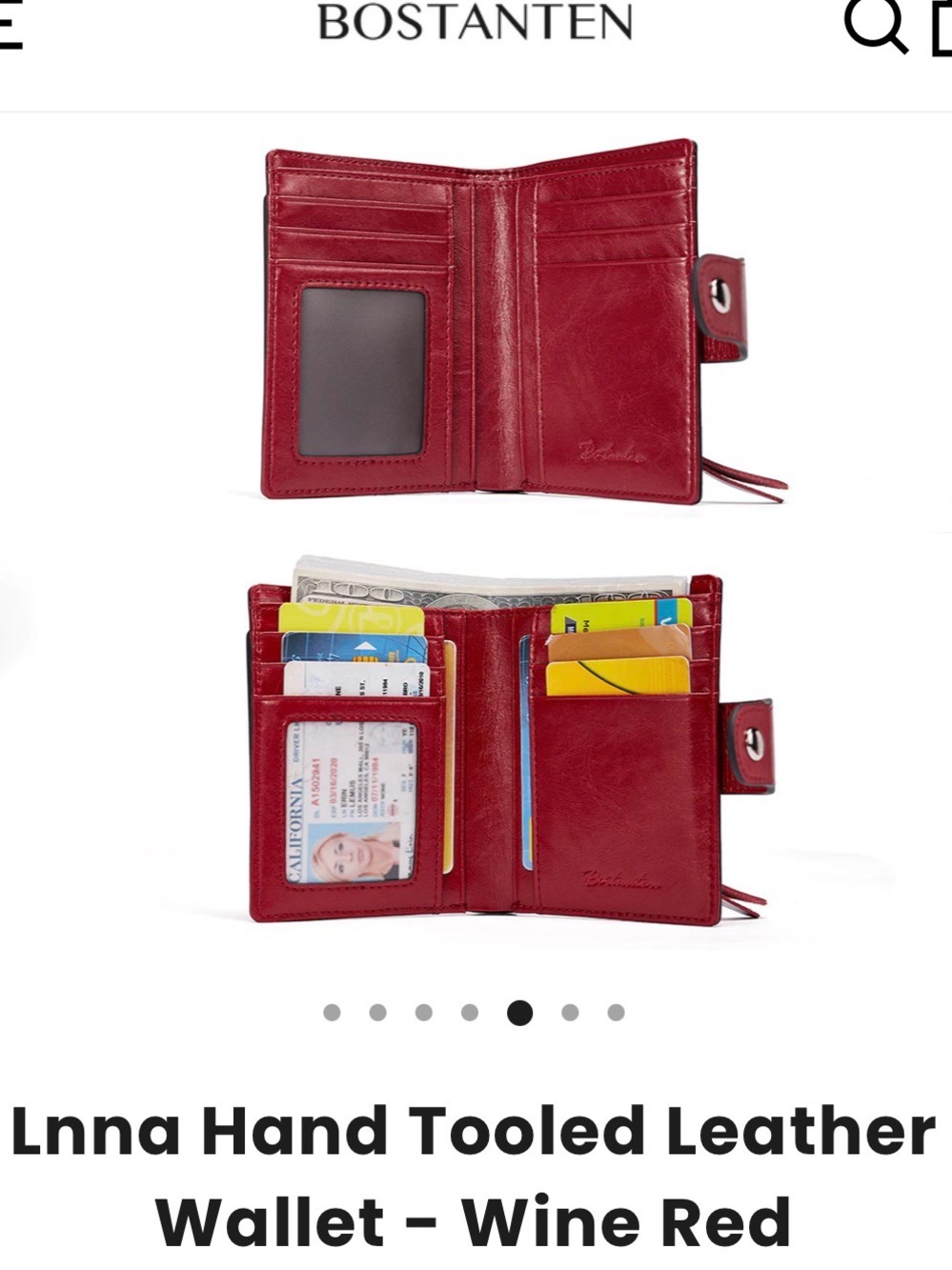 Bostanten Lnna Hand Tooled Leather Wallet - Wine Red - Picture 5 of 16